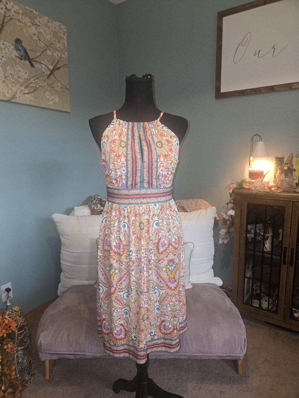London Times Paisley Halter Dress in Pink & Coral Accents